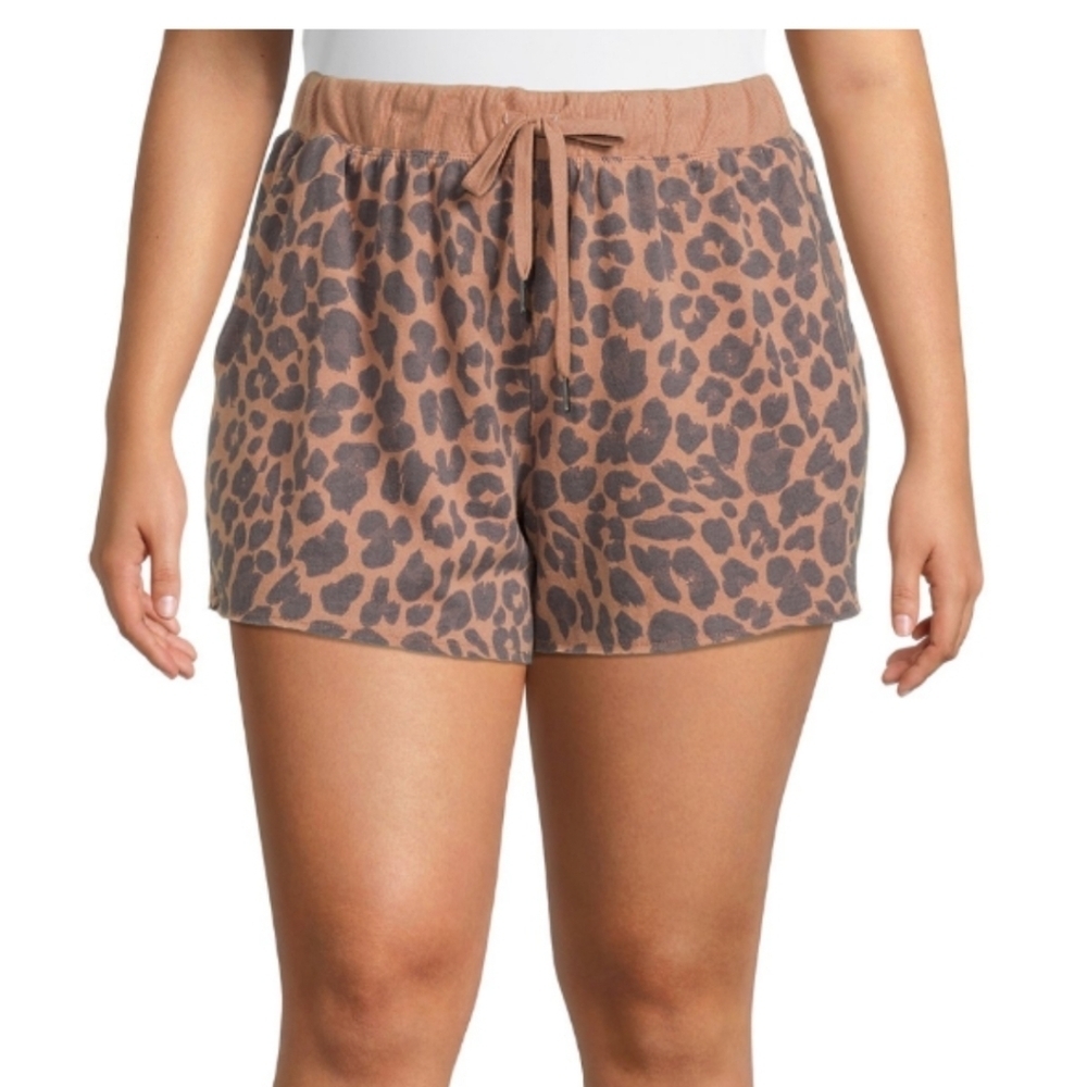 Terra & Sky High Rise Knit Shorts 3X (24w-26w) Brown Animal Print w Pockets
